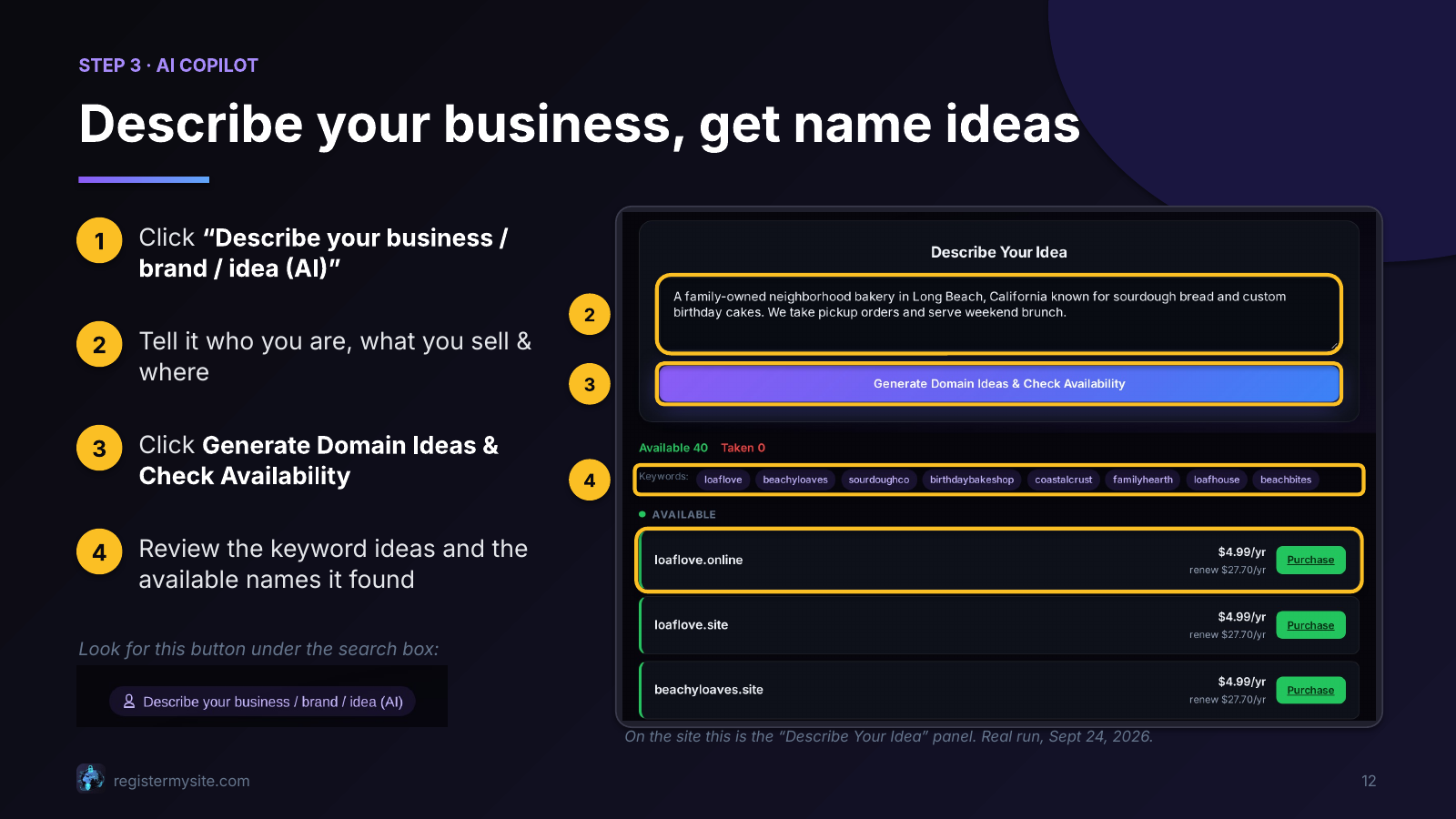 Slide 12 of 16: Describe your business, get name ideas — Live label: Describe your business / brand / idea (AI).