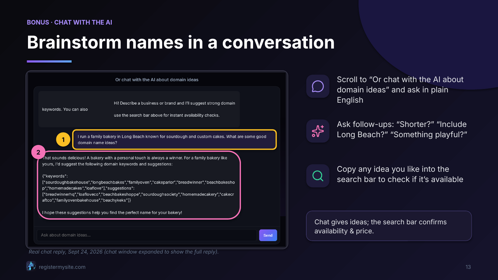 Slide 13 of 16: Brainstorm names in a conversation — AI chat for ideas; confirm availability in the search bar.